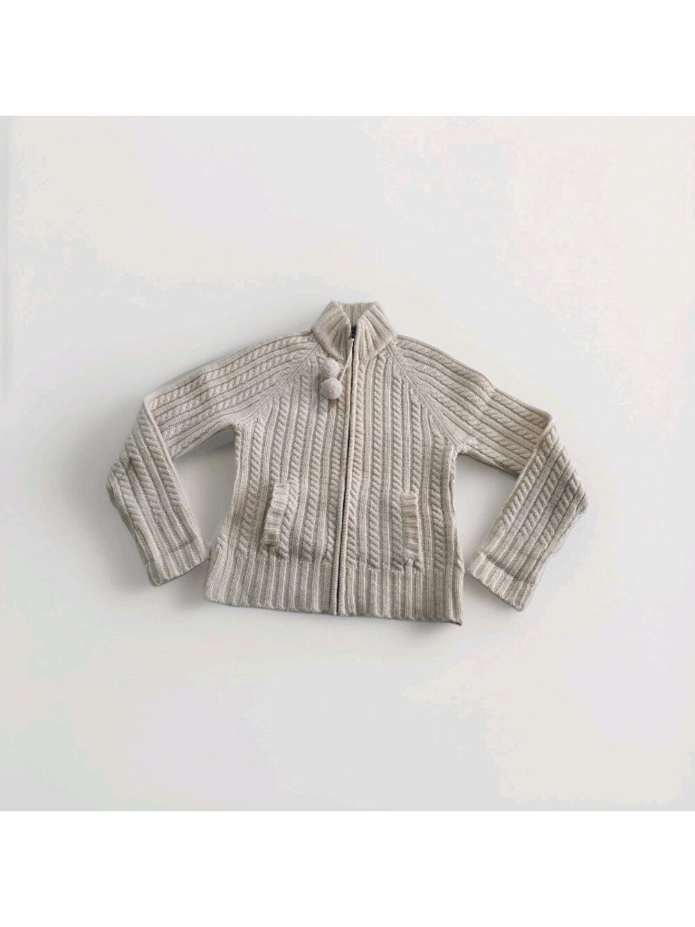 Vtg Gap Zip Cable Knit Wool Sweater Womens M Cream Mockneck Pom Pom Y2K Cottage